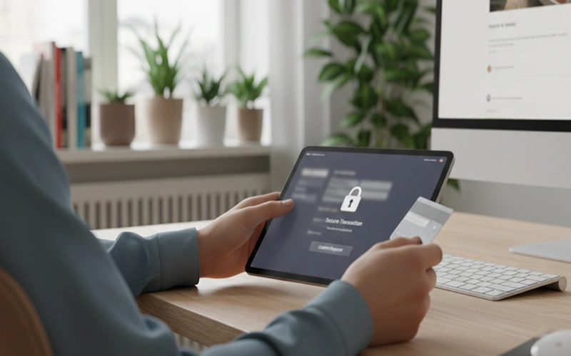 Persoon maakt betaling via Nederlandse bankmethode