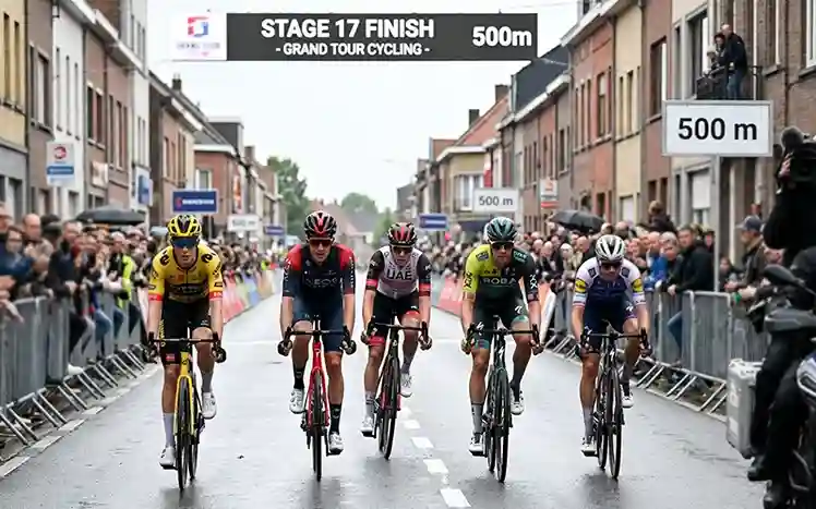 Wielrenners naderen finishlijn van etappe