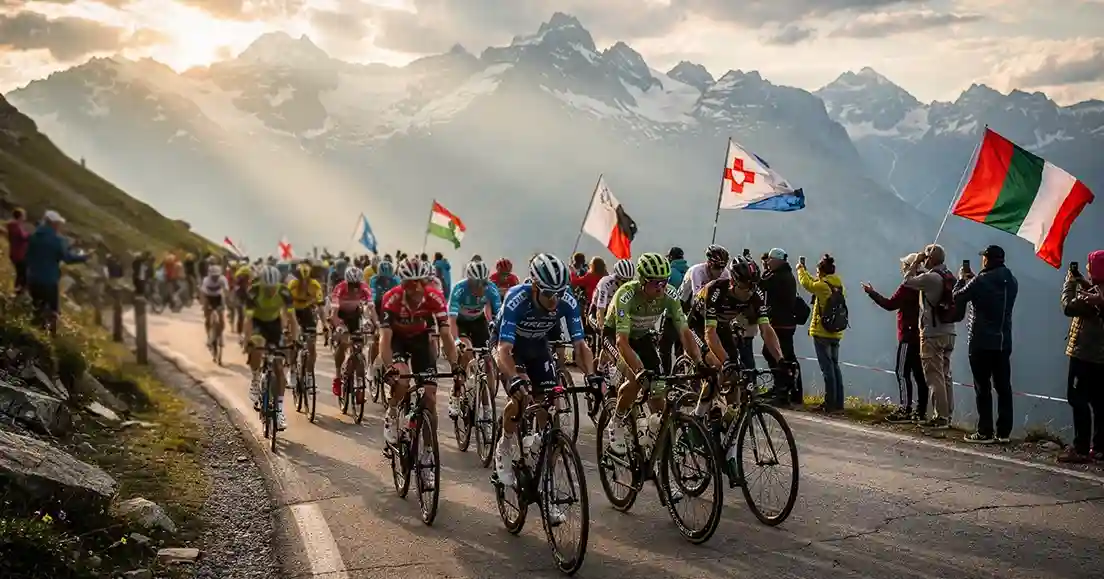 Wielrenners in peloton tijdens bergrit Tour de France