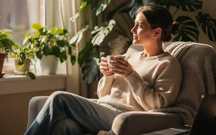 Persoon neemt pauze van scherm met kopje koffie