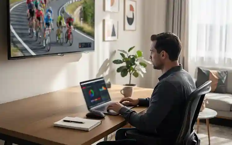 Persoon bekijkt wielerwedstrijd op TV met laptop erbij