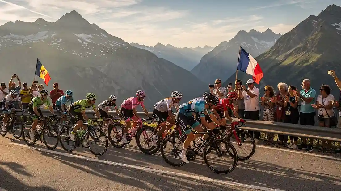 Professioneel wielerpeloton rijdt door Frans berglandschap tijdens grote ronde