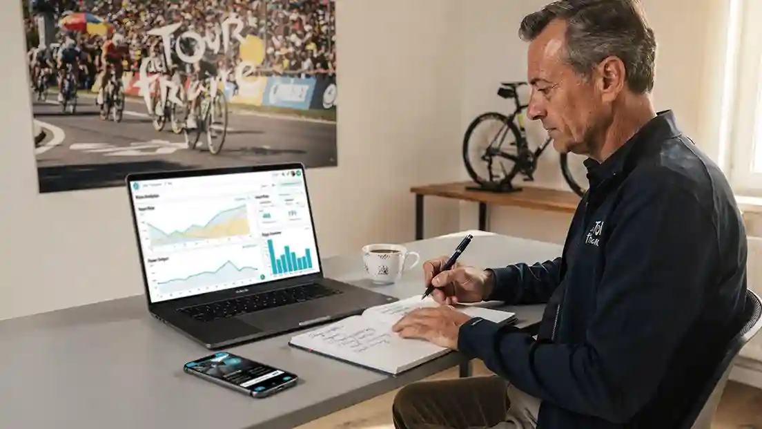 Wielerfan analyseert koersgegevens en quoteringen op laptopscherm
